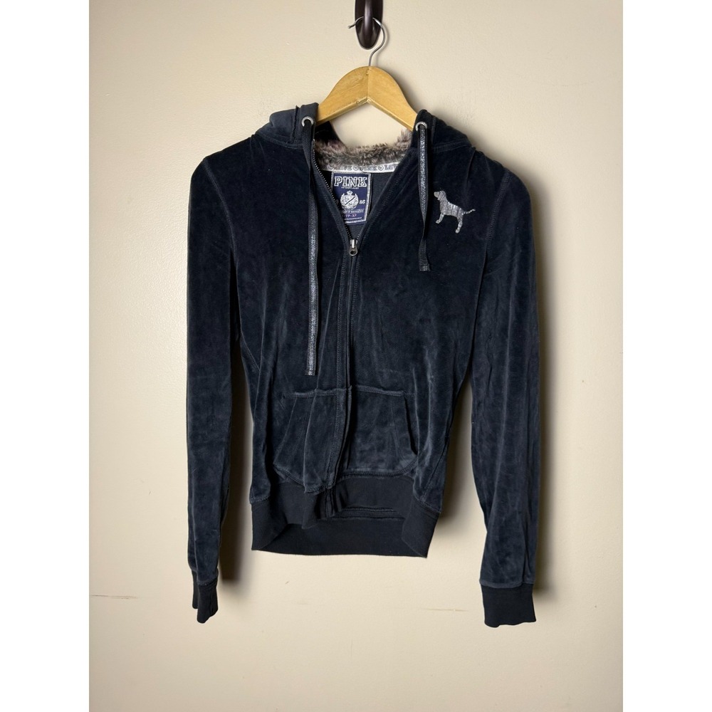 Y2K PINK Victoria's Secret Bling Fur Lined Hoodie Jacket‎ Women's XS Black
